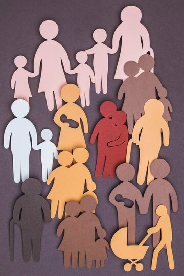 brown background with cutouts of mulit-coloured different family silhouettes