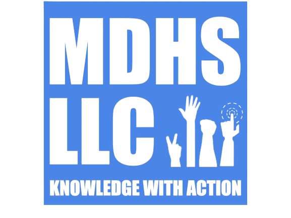 Logo: MDHS LLC -  Knowledge With Action (hands up)