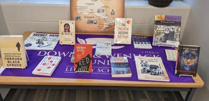 Book display table featuring indigenous peoples texts.  